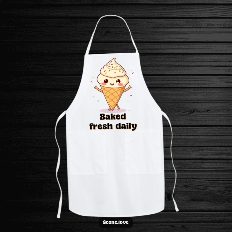 Funny Kawaii Scone Apron: A cute scone with legs dancing merrily, surrounded by sprinkles, ready for the kitchen.