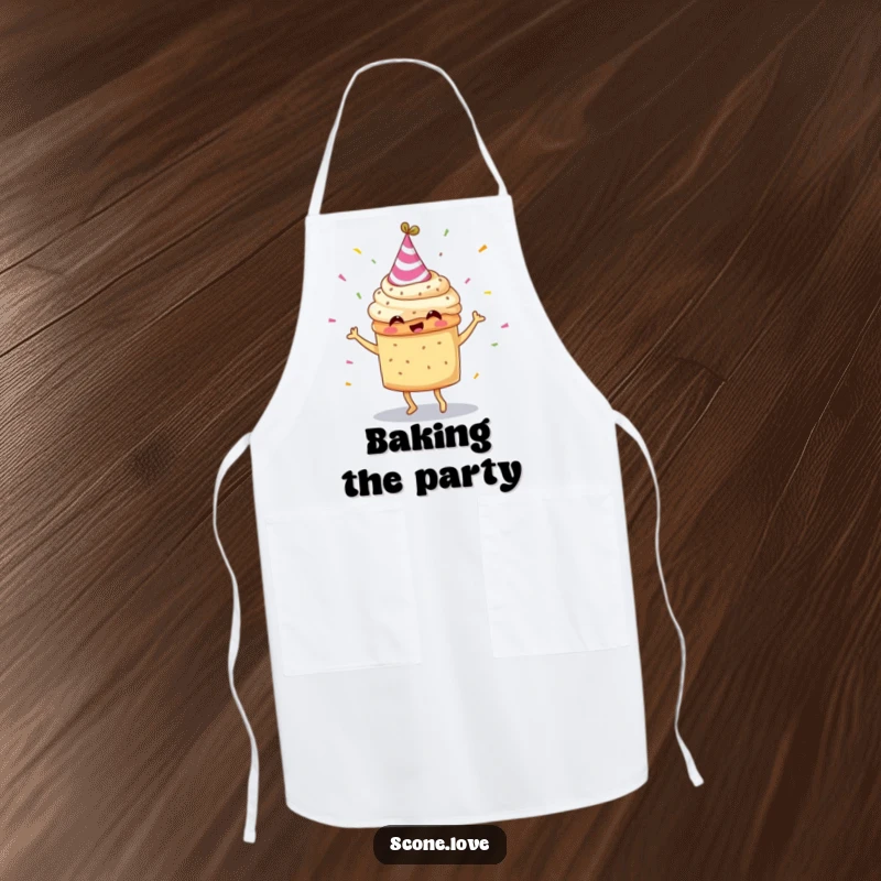 Funny scone wearing a party hat, dancing enthusiastically with confetti, printed on a functional and amusing apron.