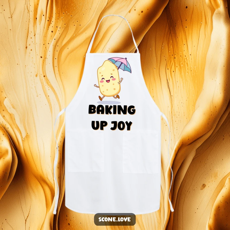 Funny smiling scone character skips along with a tiny umbrella, a charming design for this kitchen apron.