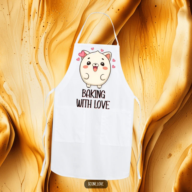 Funny Beaming Scone Apron: A scone character beams with hearts floating around, bringing sweet and humorous charm to kitchen tasks.
