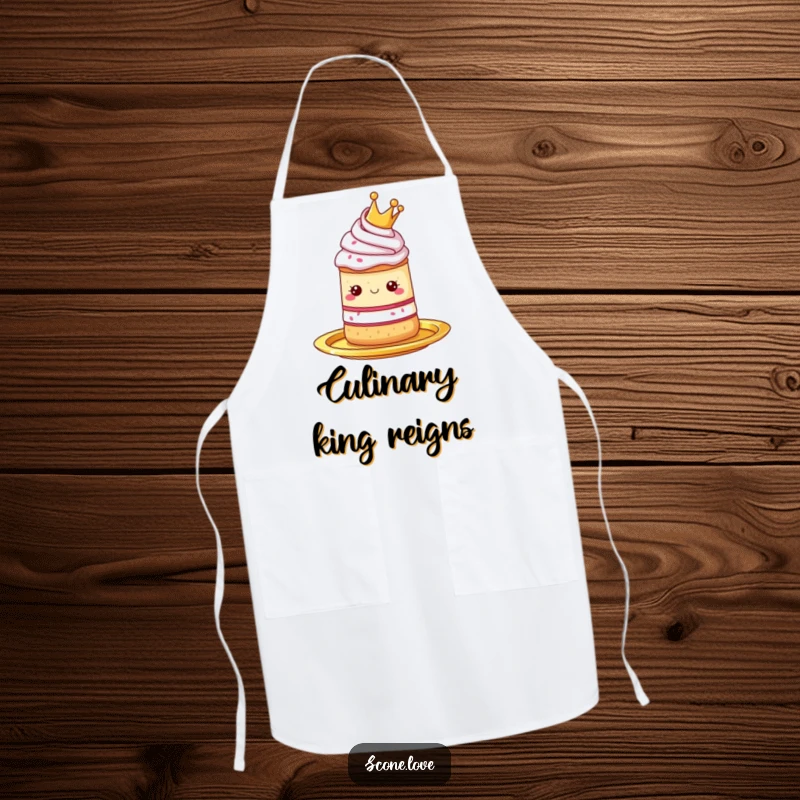 Funny apron with a scone wearing a tiny crown, presented on a golden platter, perfect for royal bakers.