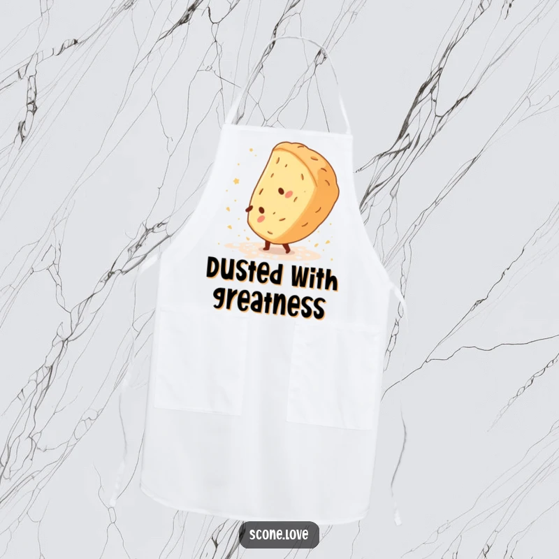 Funny Scone Cartwheel Apron shows a scone doing a cartwheel, leaving flour dust, ready for humorous kitchen performance.