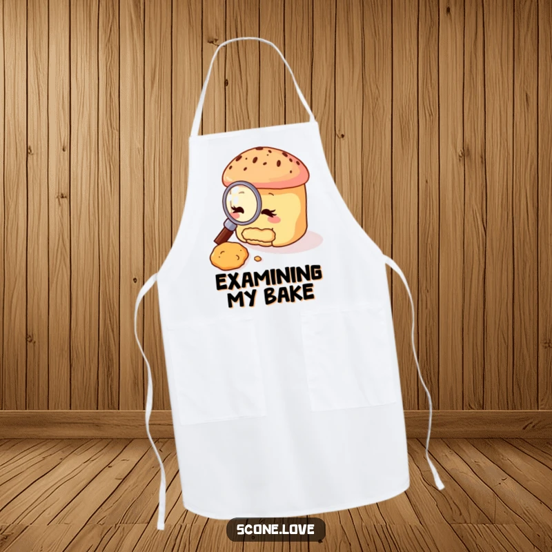 Funny scone apron showing a scone character with a magnifying glass, investigating a crumb, combining kitchen practicality with humorous baking art.