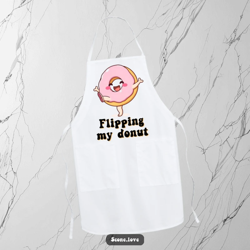Funny apron decorated with a happy donut performing a cheerful leg kick, adding a playful touch to kitchen activities.