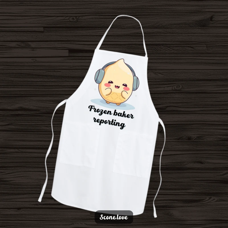 Funny kawaii scone illustration wearing earmuffs and shivering humorously, featured on a practical and amusing kitchen apron.