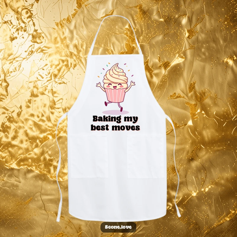 Funny apron depicting a cheerful cupcake performing a jig, with a flurry of sprinkles flying around, ideal for a fun cooking experience.