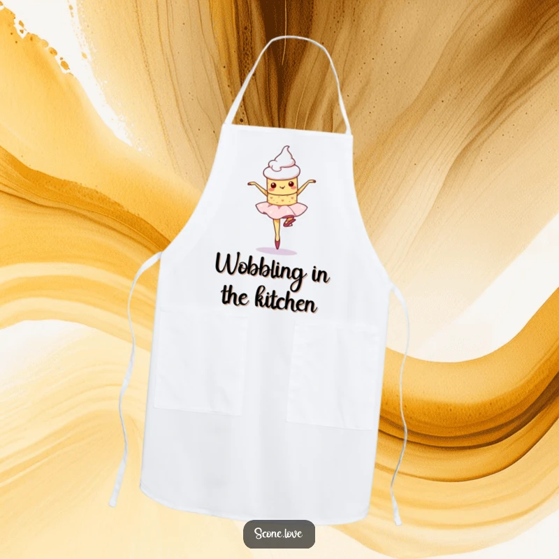 Funny kawaii scone character attempting a slightly wobbly ballet pirouette on this cute kitchen apron.
