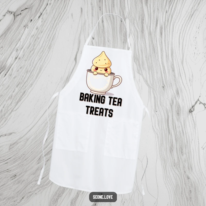 Funny Kawaii Scone Apron showing a cute scone character peeking from a giant tea infuser, ready for baking fun.