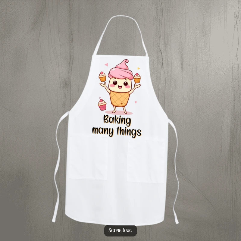 Funny Kawaii Scone Juggling Apron: A scone energetically juggles mini cupcakes, ready for kitchen magic.