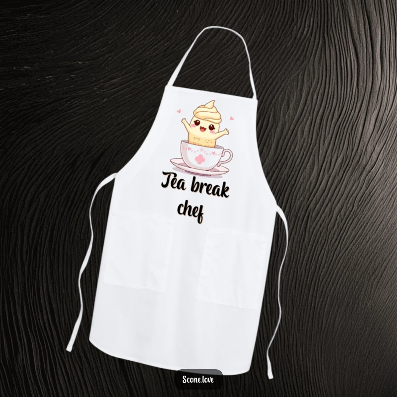 Funny Kawaii Scone Teacup Apron: A scone joyfully leaps into a teacup, bringing whimsical charm to the kitchen.