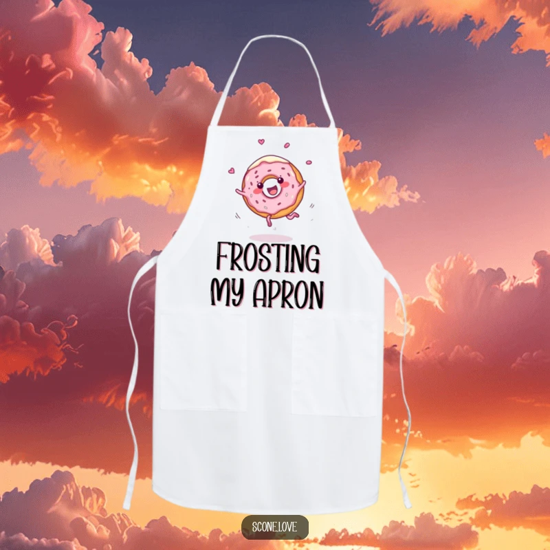 Funny apron depicts a cheerful donut doing a cartwheel with frosting flying, adding a humorous and energetic touch to cooking.