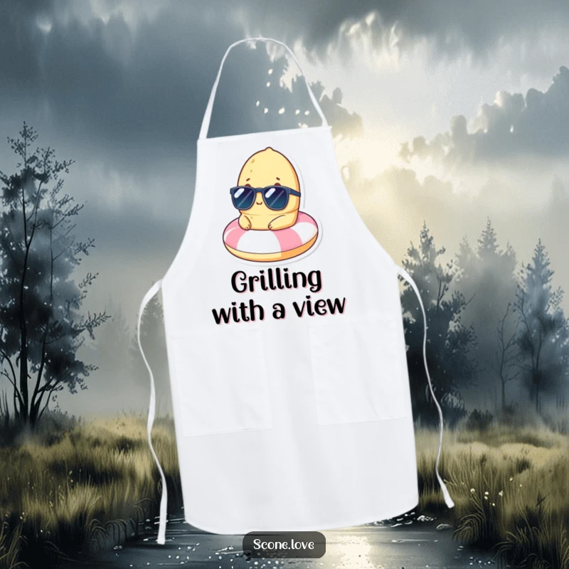 Kitchen apron showcasing a funny scone in sunglasses, relaxing on a tiny beach float, ready for culinary fun.