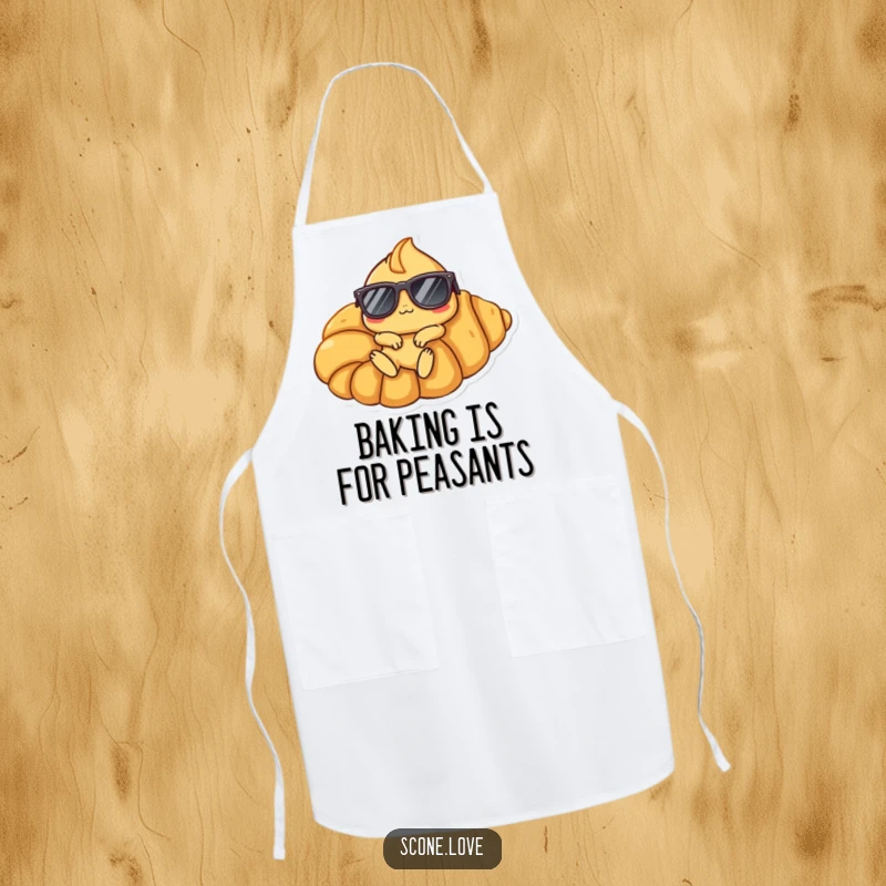 Funny Scone Croissant Apron: A scone character wearing sunglasses lounges on a giant croissant, exuding humorous, laid-back charm while cooking.