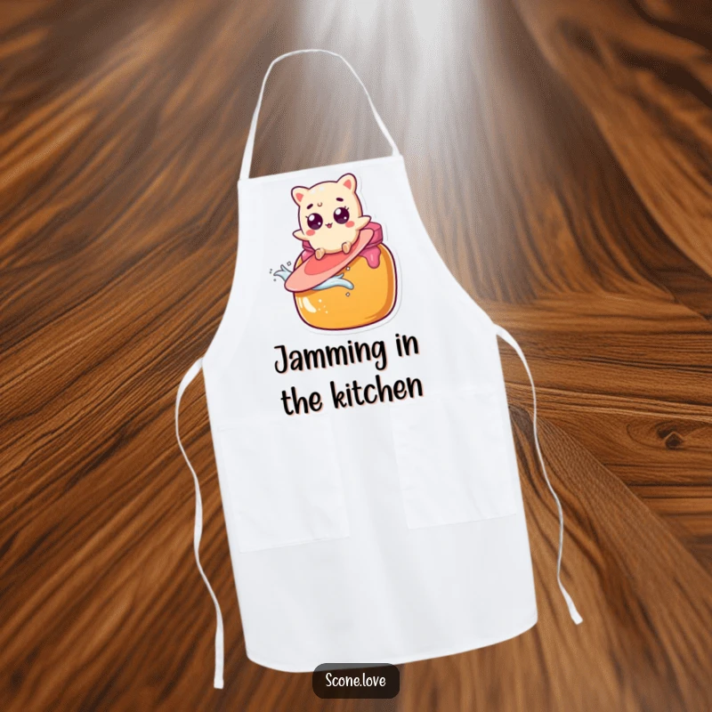 Funny scone character with wide eyes accidentally surfs a giant jam jar, a comical design for this apron.
