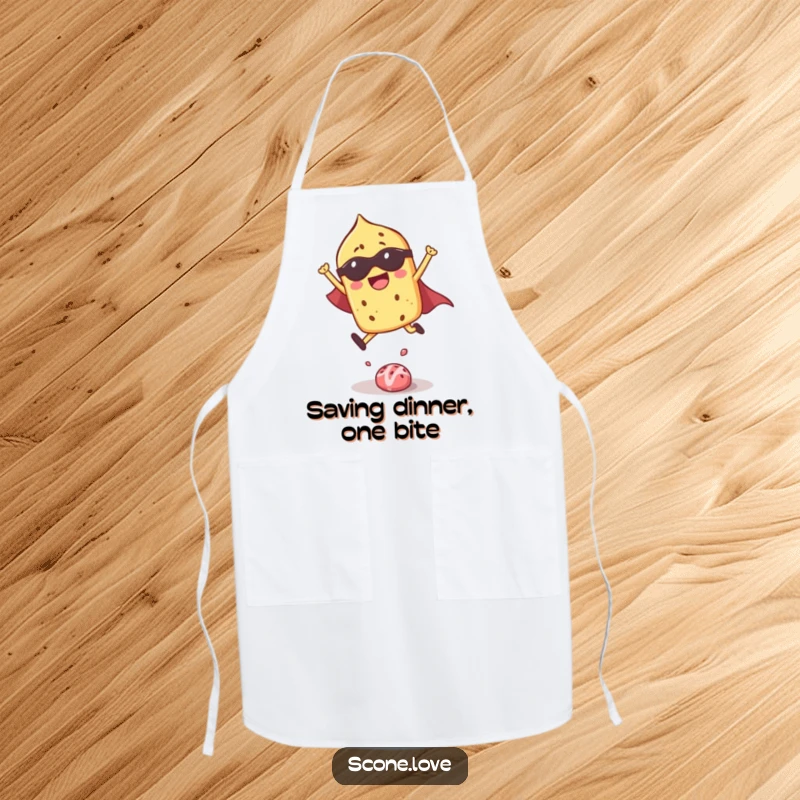 Funny apron showing a superhero scone ready to cook, bringing heroic charm to the kitchen.