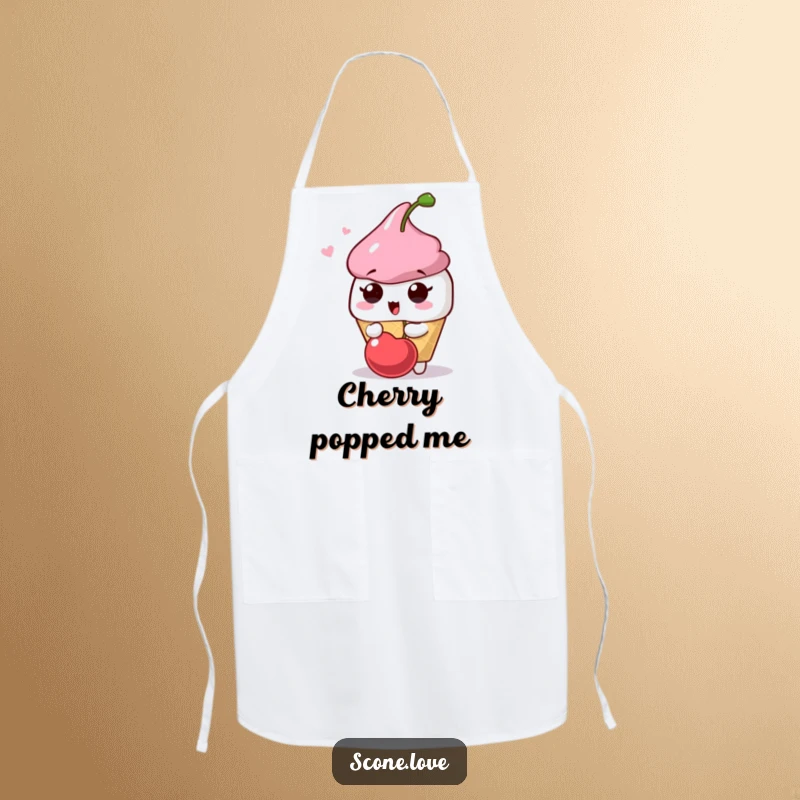Funny Scone Surprise Apron: A scone character looks surprised as a cherry pops playfully, bringing humorous charm to kitchen tasks.