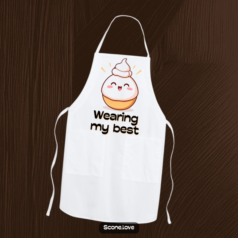 Funny Swirly Baked Good Apron, depicting excited swirls balancing cream on its head, perfect for a sweet and humorous cooking experience.