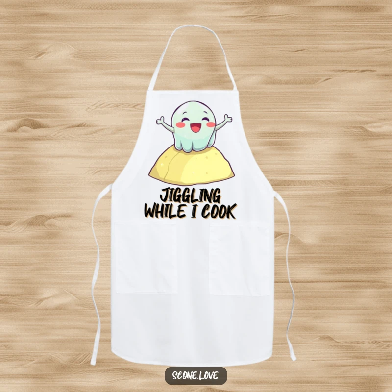 Funny apron featuring a delighted wobbly jelly enthusiastically tumbling down a hill, perfect for a fun cooking session.