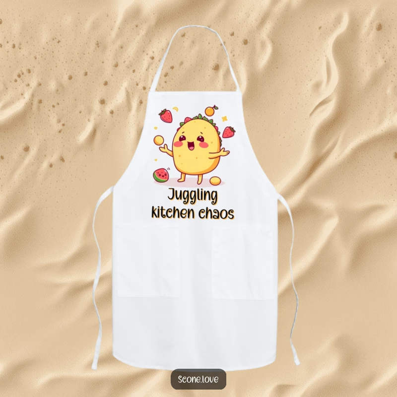 Funny taco apron showing a playful taco juggling fruits, perfect for kitchen enthusiasts and funny gift ideas.