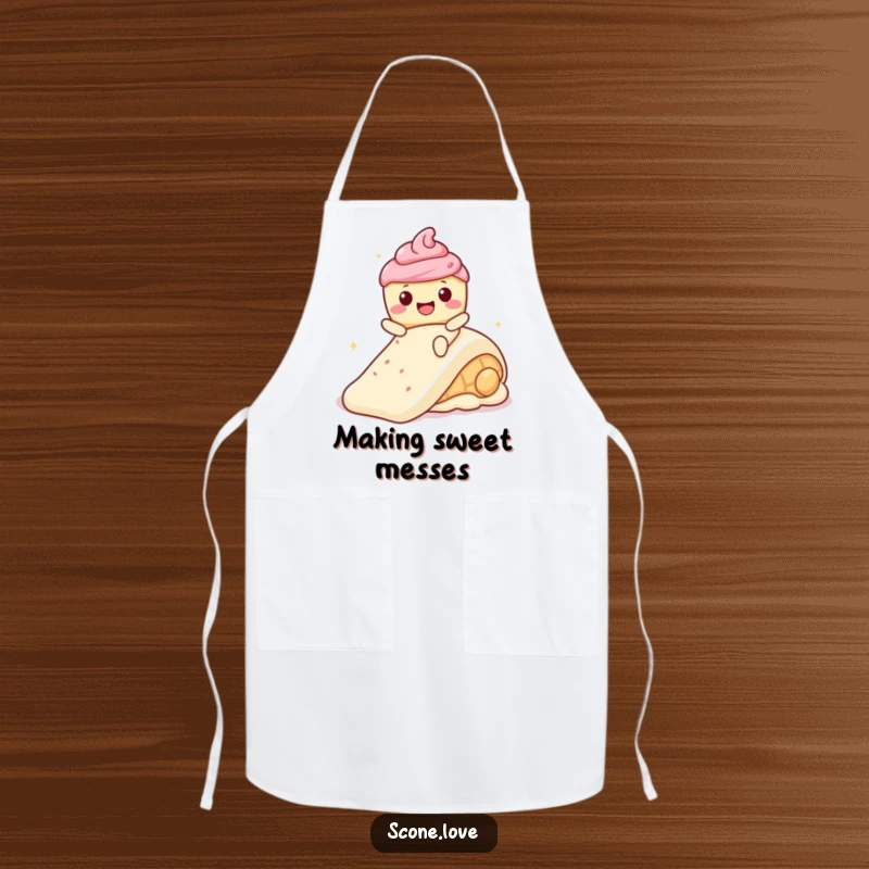 Funny Kawaii Scone wearing an apron, smiling, sliding down a frosting slide for humorous baking.