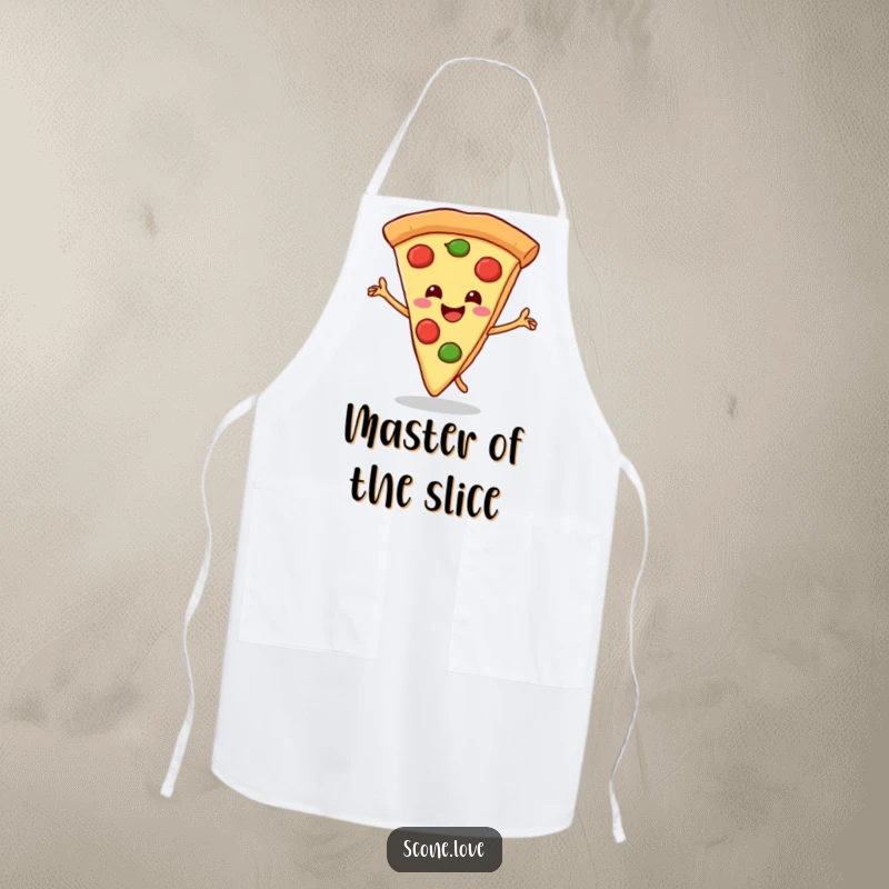 Funny apron featuring a smiling pizza slice doing a triumphant dance with its crust, perfect for a fun cooking experience.