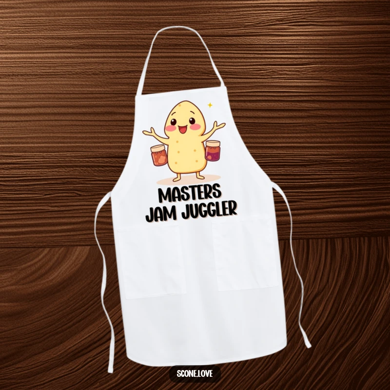Funny apron featuring a scone juggling jam jars, a humorous accessory for the kitchen.