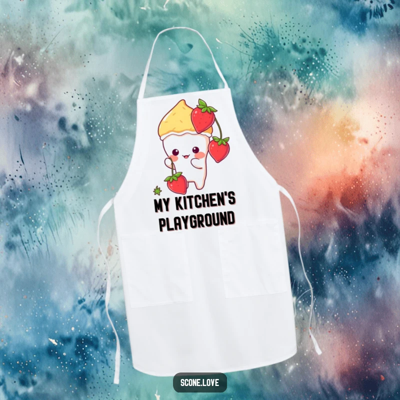 Funny kawaii scone illustration playfully batting at a dangling strawberry, featured on a practical and humorous kitchen apron.