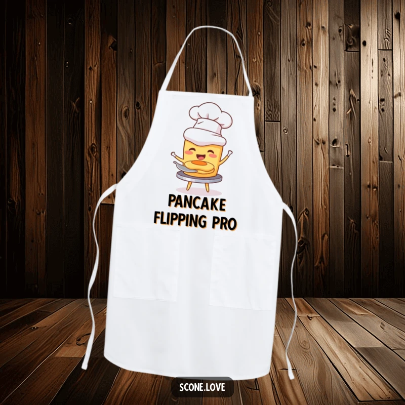 Funny apron with a scone wearing a chef hat, joyfully flipping a miniature pancake, perfect for kitchen adventures.