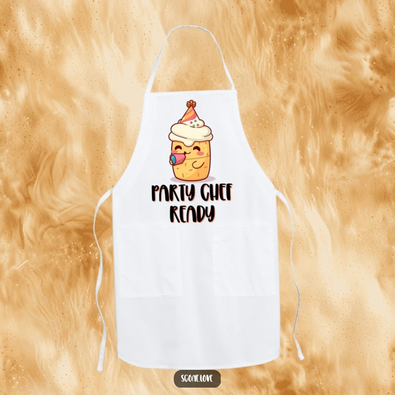 Funny apron with a kawaii scone character in a party hat blowing a noisemaker, designed for bakers who love to celebrate with humor.