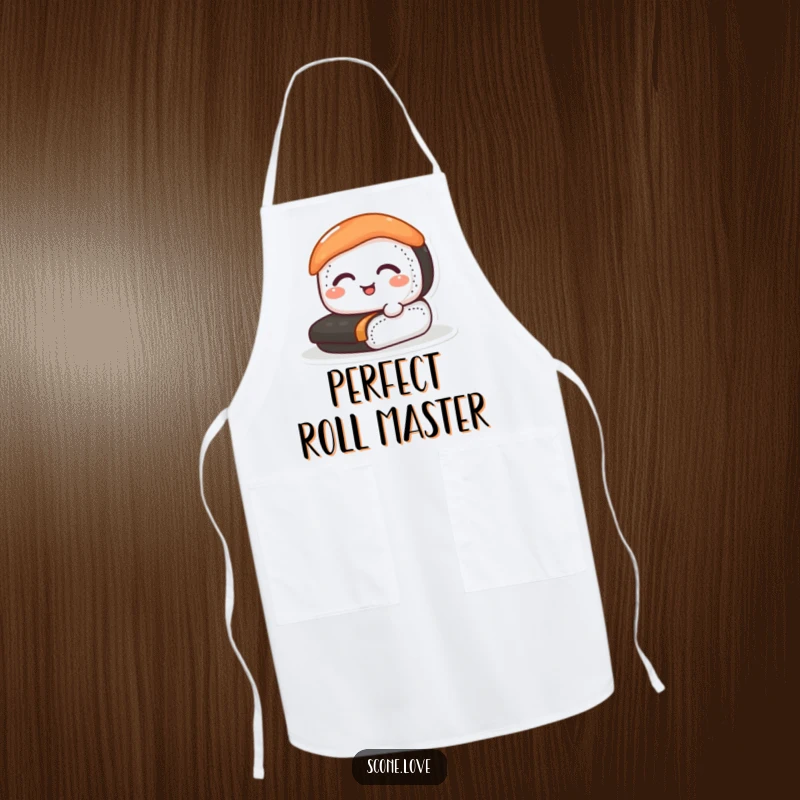 Funny sushi apron showing a happy sushi roll character ready to cook, perfect for kitchen enthusiasts and gift-givers.