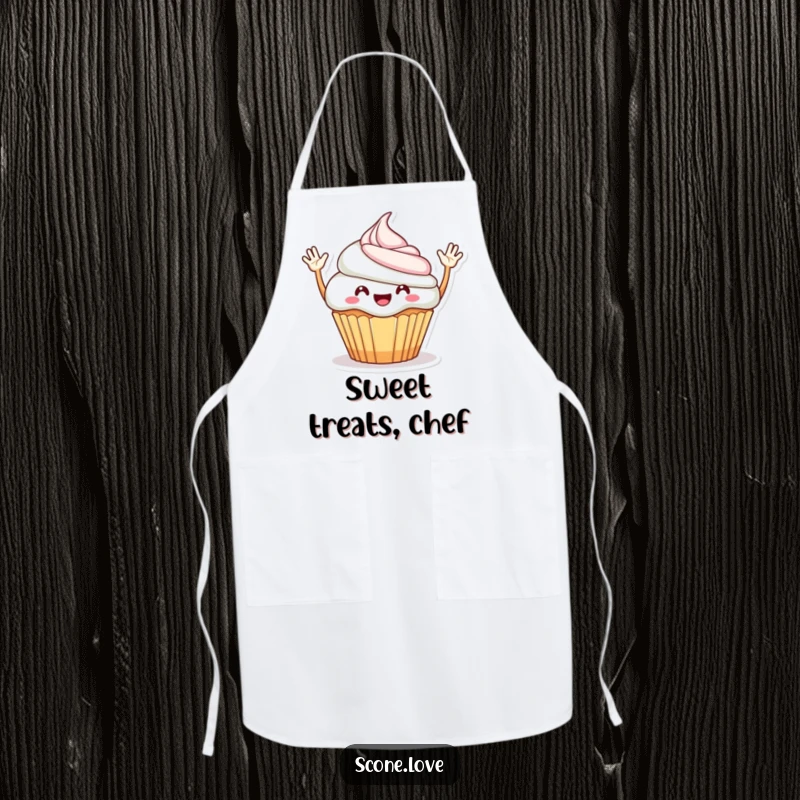 Funny Apron: A cheerful cupcake with waving arms, ready to assist in the kitchen with a sprinkle of joy and sweetness.