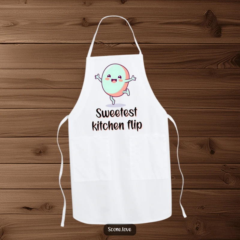 Funny candy apron showing a grinning candy doing a cartwheel, perfect for kitchen enthusiasts and funny gift ideas.
