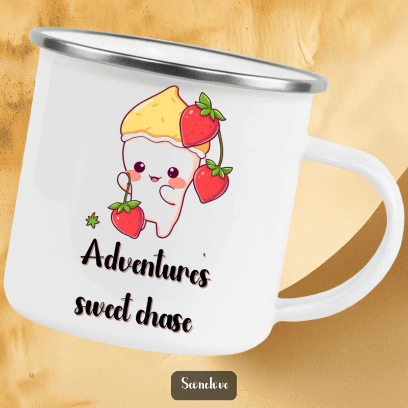 Funny kawaii scone illustration batting at a dangling strawberry, printed on a durable camping mug for outdoor fun.