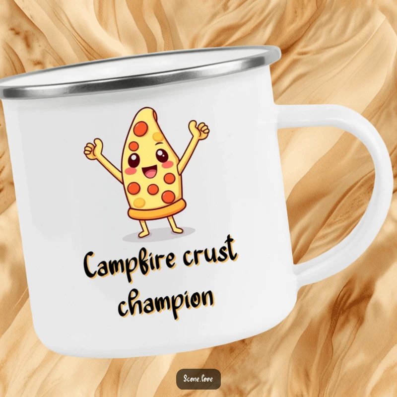 Funny pizza camping mug featuring a triumphant cheesy slice, perfect for outdoor adventures and enjoying hot beverages.