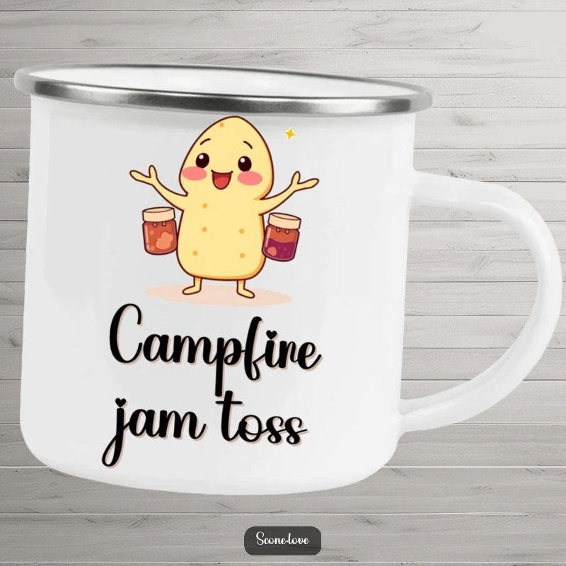 Funny camping mug showing a scone juggling jam jars, ideal for outdoor enthusiasts with a sense of humor.