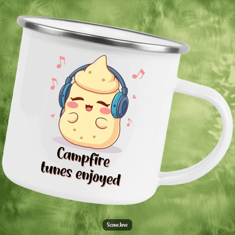 Funny camping mug featuring a scone with headphones, grooving to music, ready for outdoor adventures.