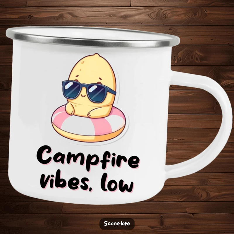 Durable camping mug featuring a funny scone in sunglasses, chilling on a tiny beach float, for rugged relaxation.