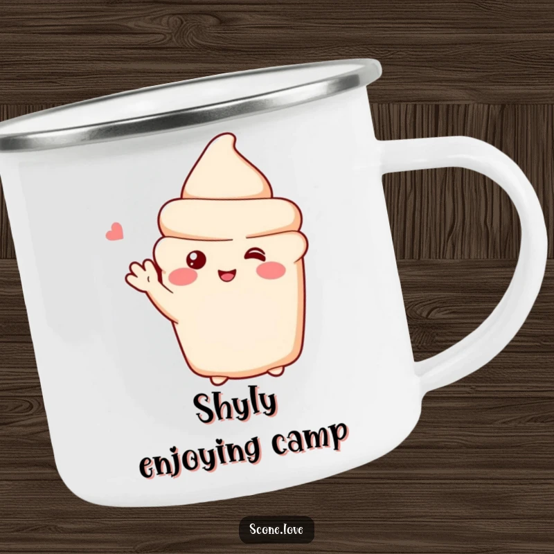 Funny camping mug featuring a shy scone character, perfect for enjoying warm drinks on outdoor adventures.