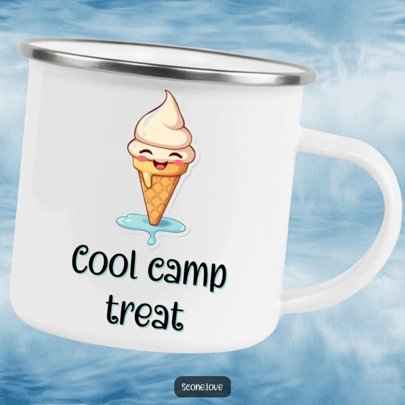 Funny camping mug with a happy, melting ice cream cone, perfect for outdoor use and adding a sweet, humorous touch to drinks.
