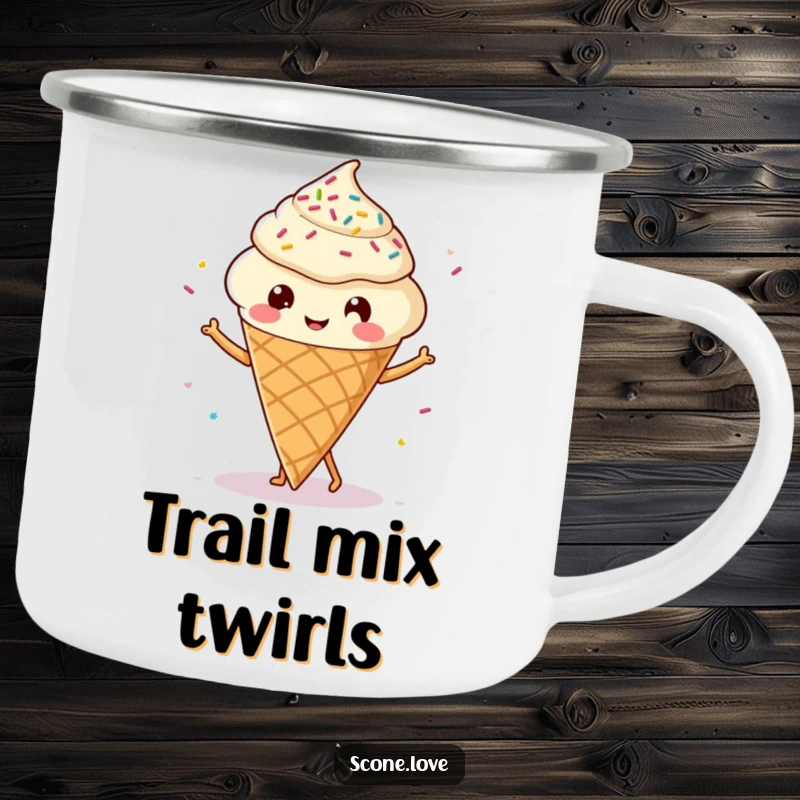 Funny Kawaii Scone Camping Mug: A happy scone with legs dancing enthusiastically, surrounded by festive sprinkles.