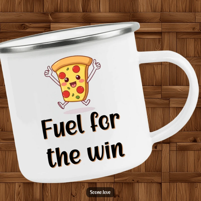 Funny camping mug shows a pizza slice running a victory lap with arms raised, a humorous and celebratory companion for outdoor meals.