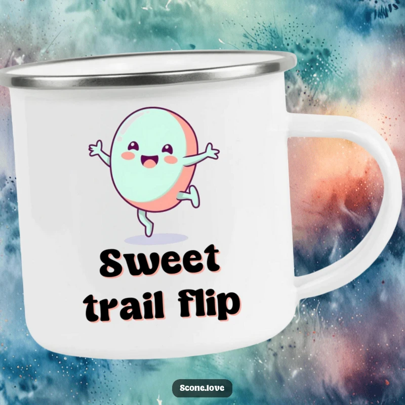 Funny candy camping mug featuring a grinning candy doing a cartwheel, perfect for outdoor adventures and sweet treats.