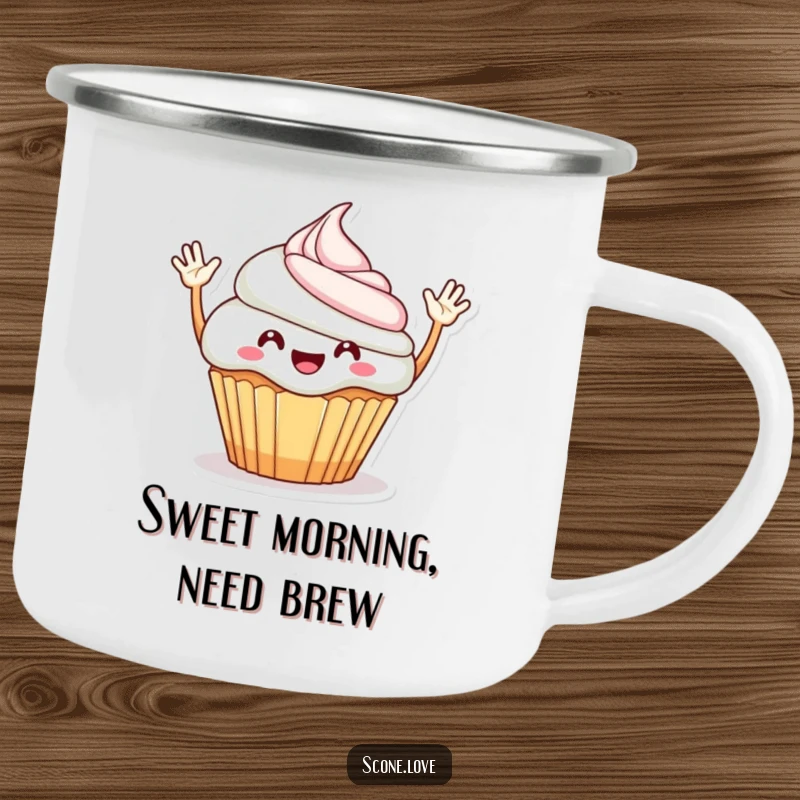 Funny Camping Mug: A cheerful cupcake with waving arms, perfect for enjoying drinks during outdoor adventures with a smile.