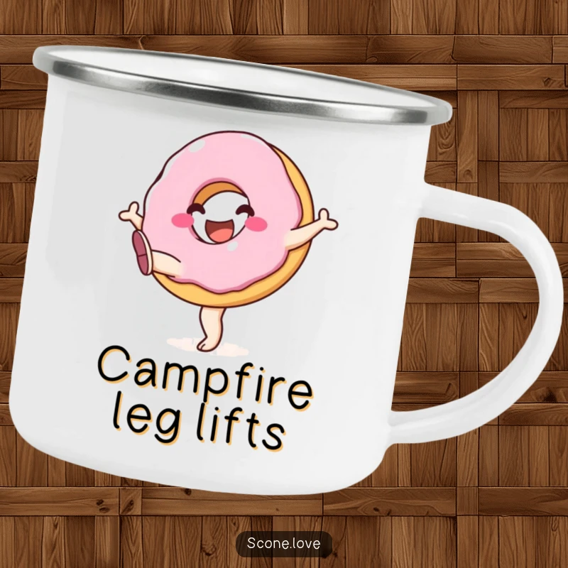 Funny camping mug showcasing a smiling donut gleefully kicking its legs in the air, ready for outdoor fun and festivities.