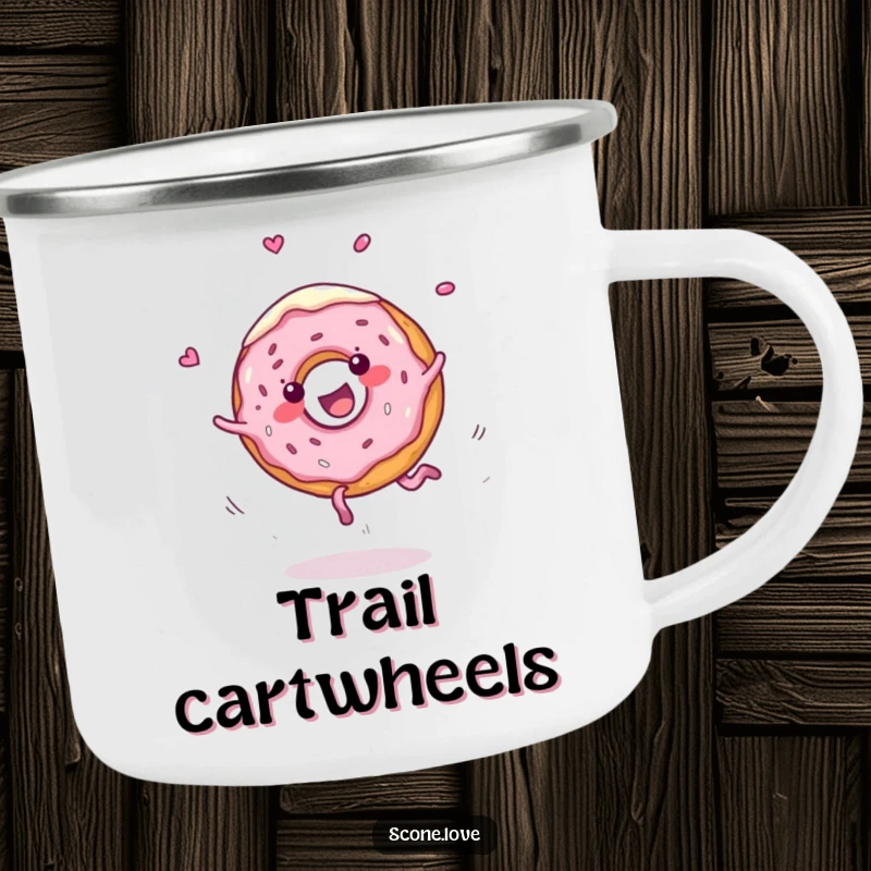 Funny camping mug shows a cheerful donut doing a cartwheel with frosting flying, a humorous and energetic companion for outdoor adventures.