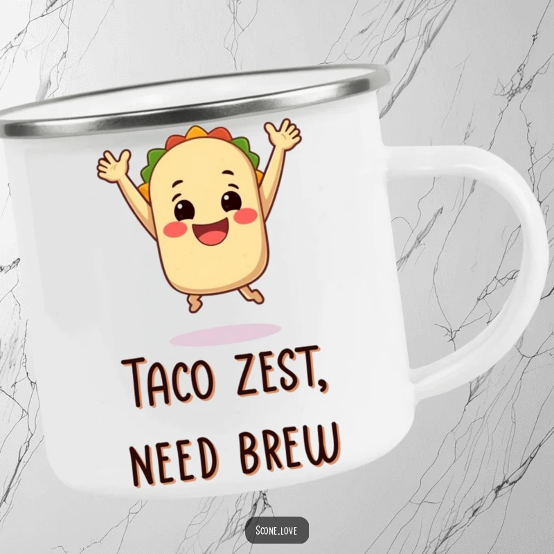 Funny Camping Mug: A smiling taco leaping with arms up, perfect for enjoying beverages during outdoor adventures with a festive flair.
