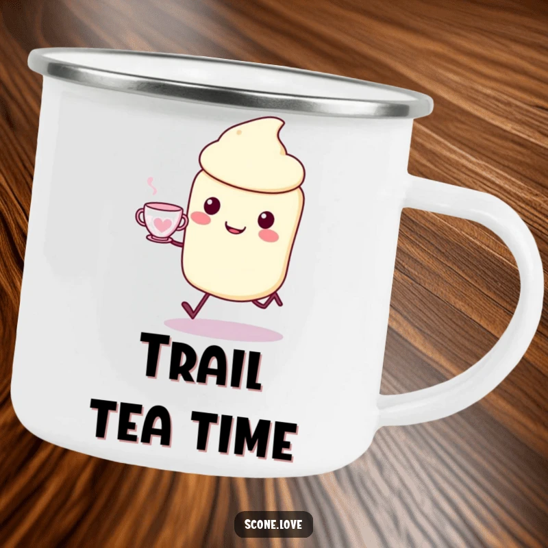 Funny Kawaii Scone Camping Mug: a happy scone skips with a teacup, perfect for funny outdoor gifts.