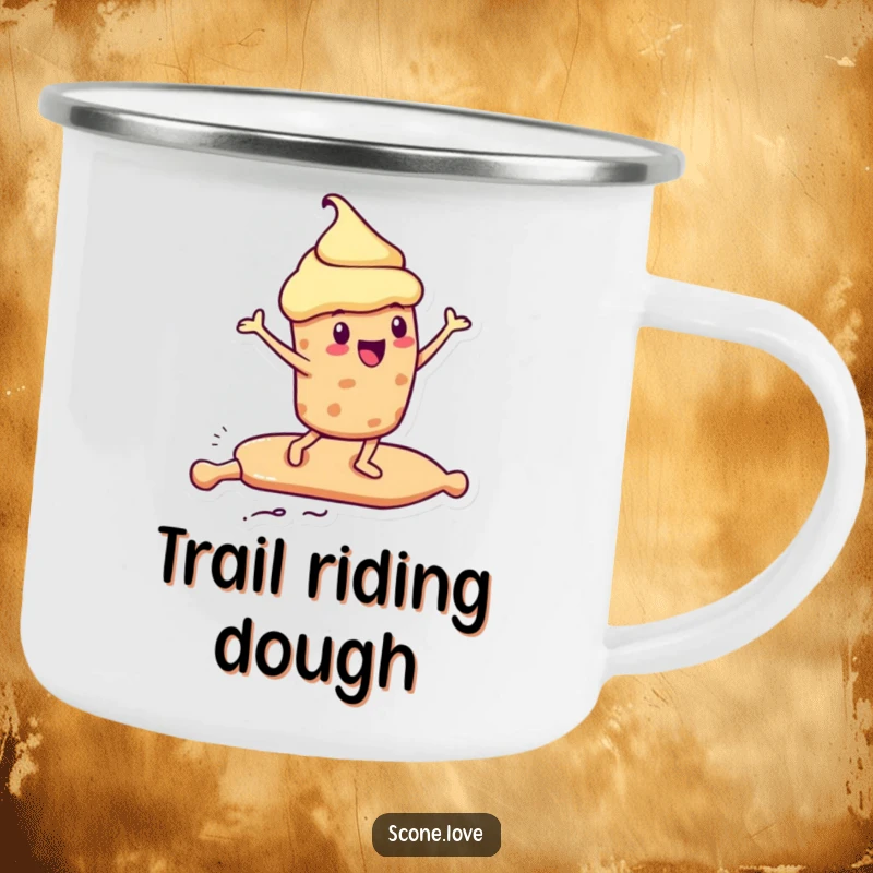 Funny Kawaii Scone Camping Mug: a scone surfs on a rolling pin, perfect funny outdoor gift.