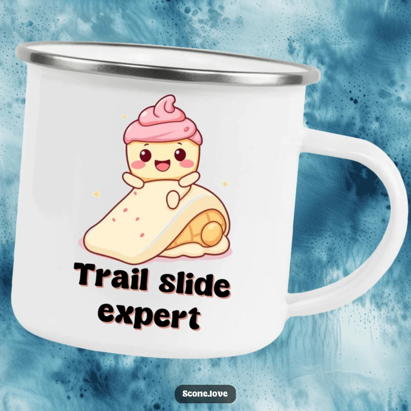 Funny Kawaii Scone with a wide smile, sliding down a frosting slide from a rugged camping mug.