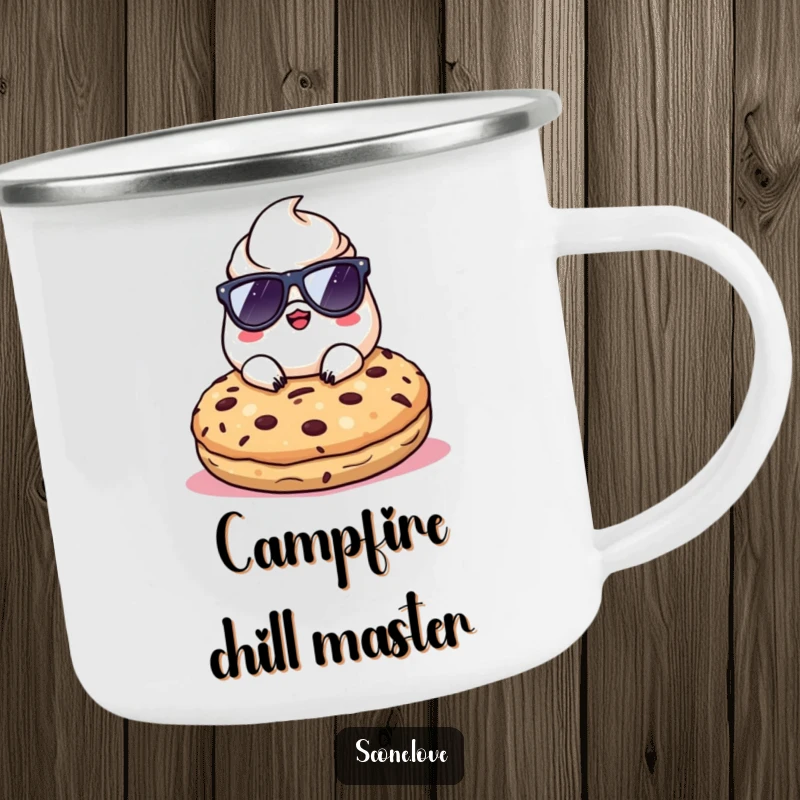 Funny Kawaii Scone wearing sunglasses, chilling on a giant cookie, from a rugged camping mug.